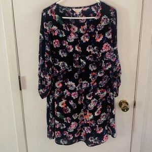 Decree Jayne black long sleeve dress, aqua purple pink floral, attached slip XL
